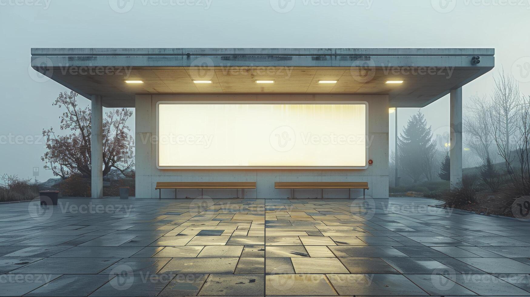 Empty wall mockup on bus stop in foggy morning photo