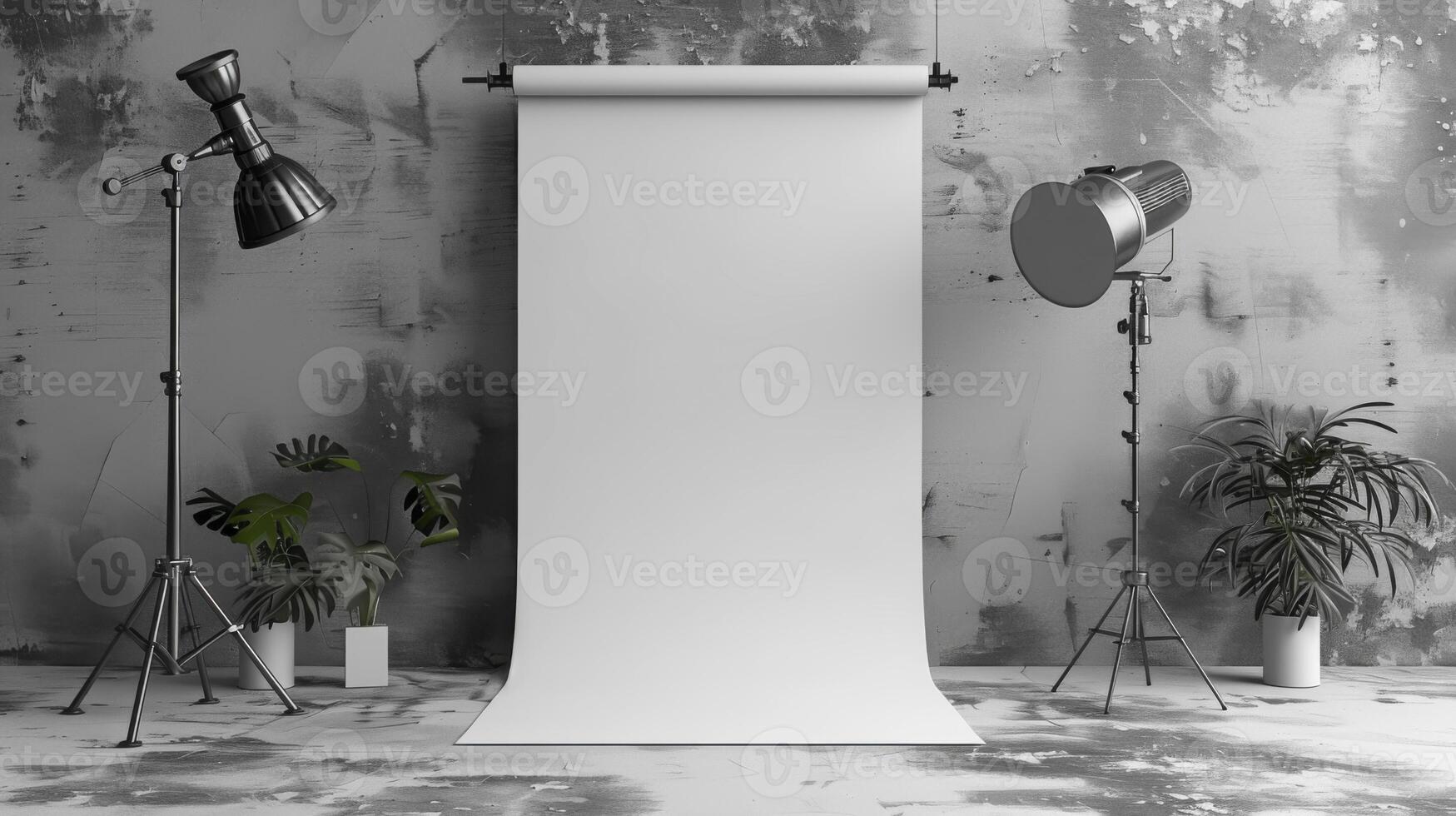 interior photography studio with blank poster and lighting equipment photo