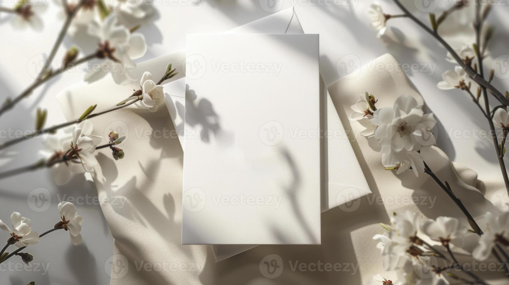 Blank paper card, envelope and spring flowers on light background photo