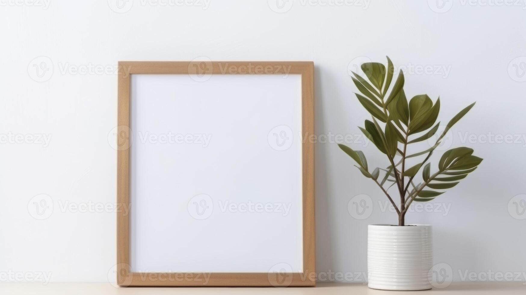 Mock up poster frame with houseplant on wooden shelf. photo