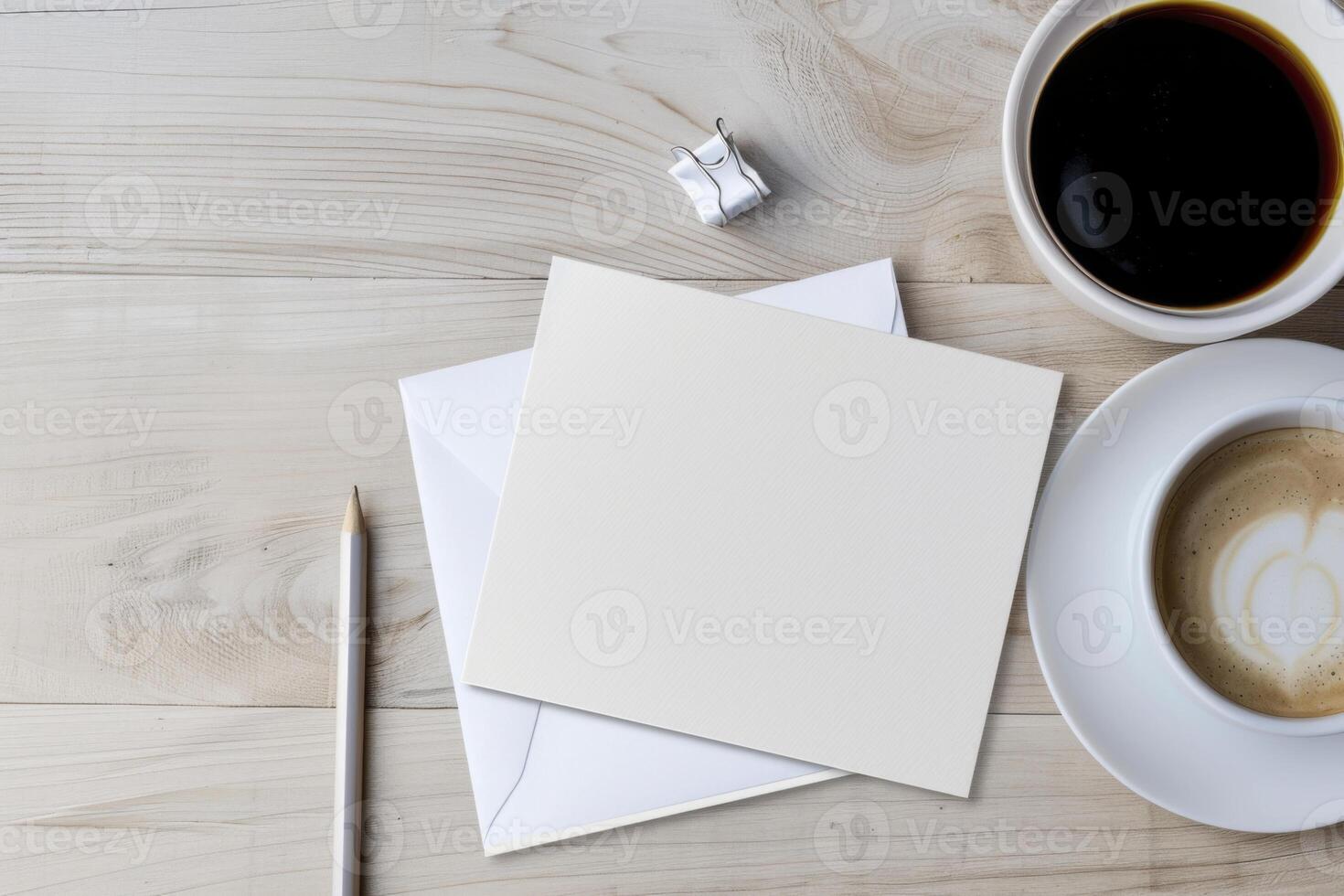 Office desk table with blank paper and coffee cup. Top view with copy space photo