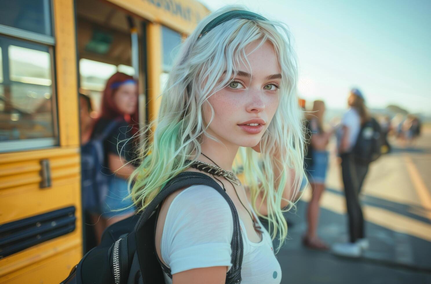 Young Woman With Blue Hair Looks Back While Boarding A Bus photo