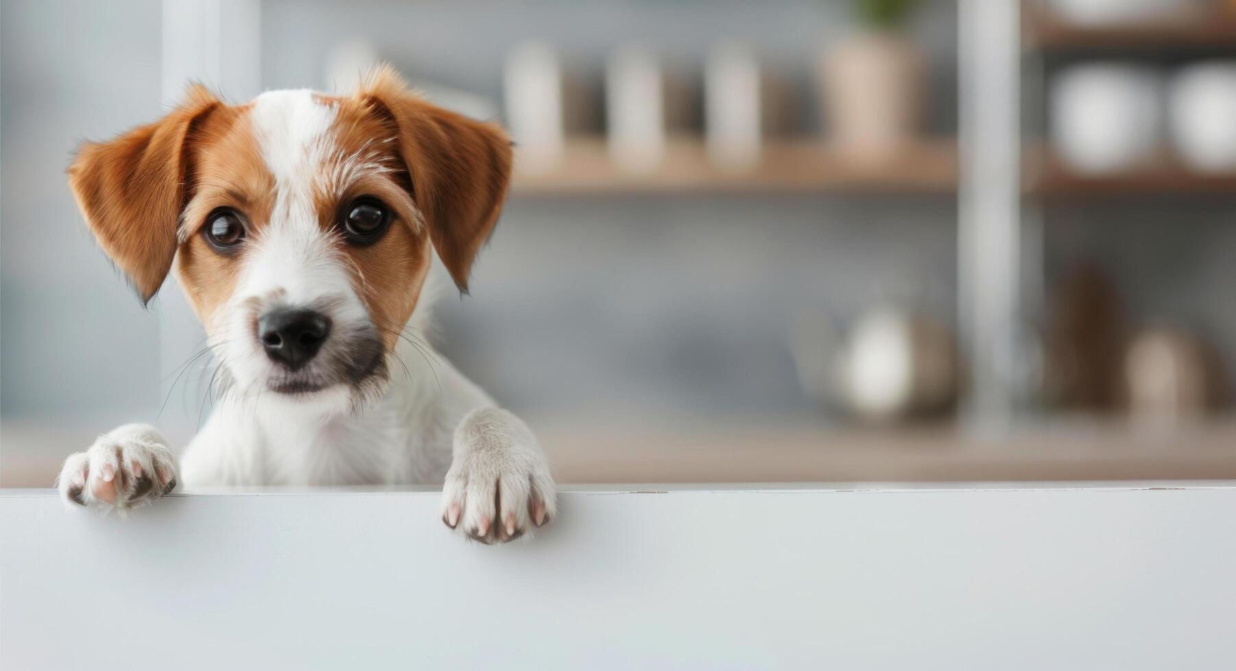 Puppy Peeking Over White Surface photo