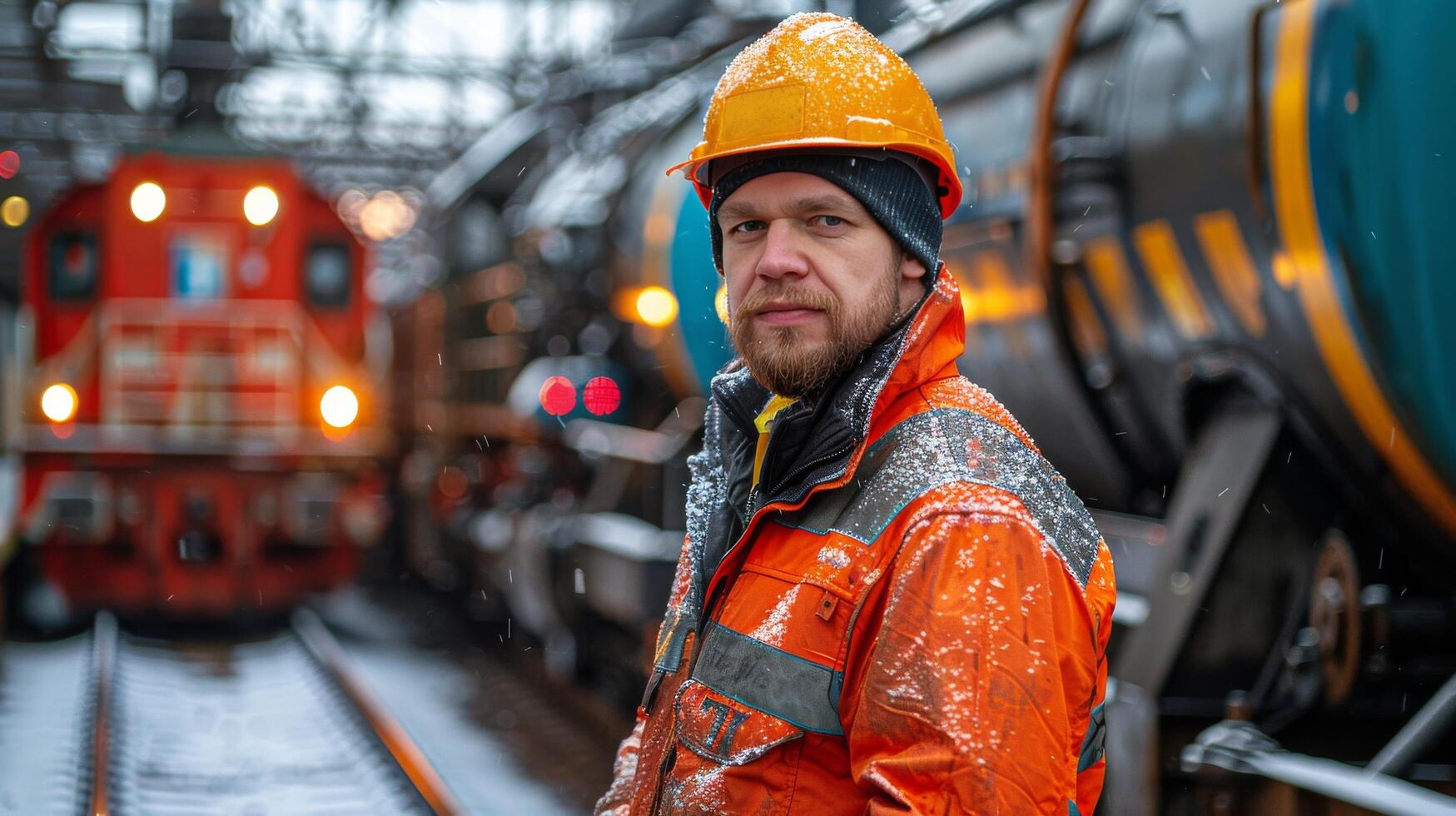 Man in Orange Jacket Standing Next to Train photo