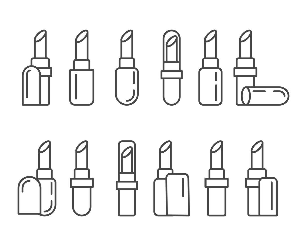 Collection makeup and cosmetics. Beauty linear graphic icons in the form of lipstick with lip care cap. vector