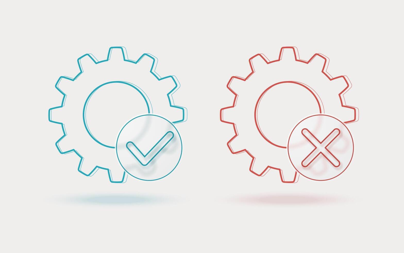 Gear icons with check mark and cross, workflow checked or error. vector