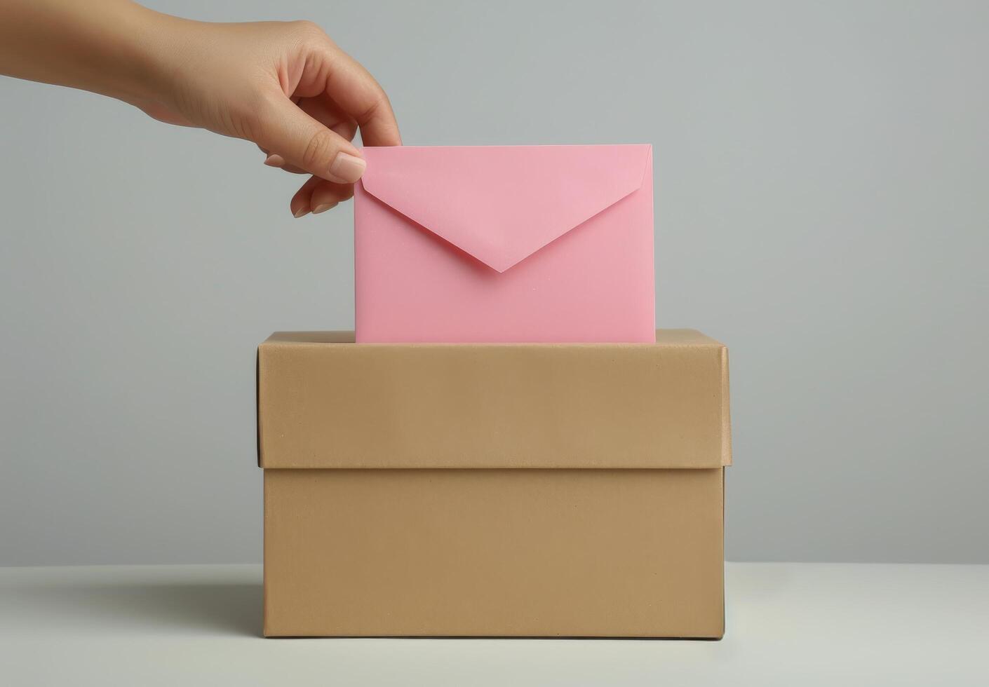 Hand Placing Pink Envelope in Box photo