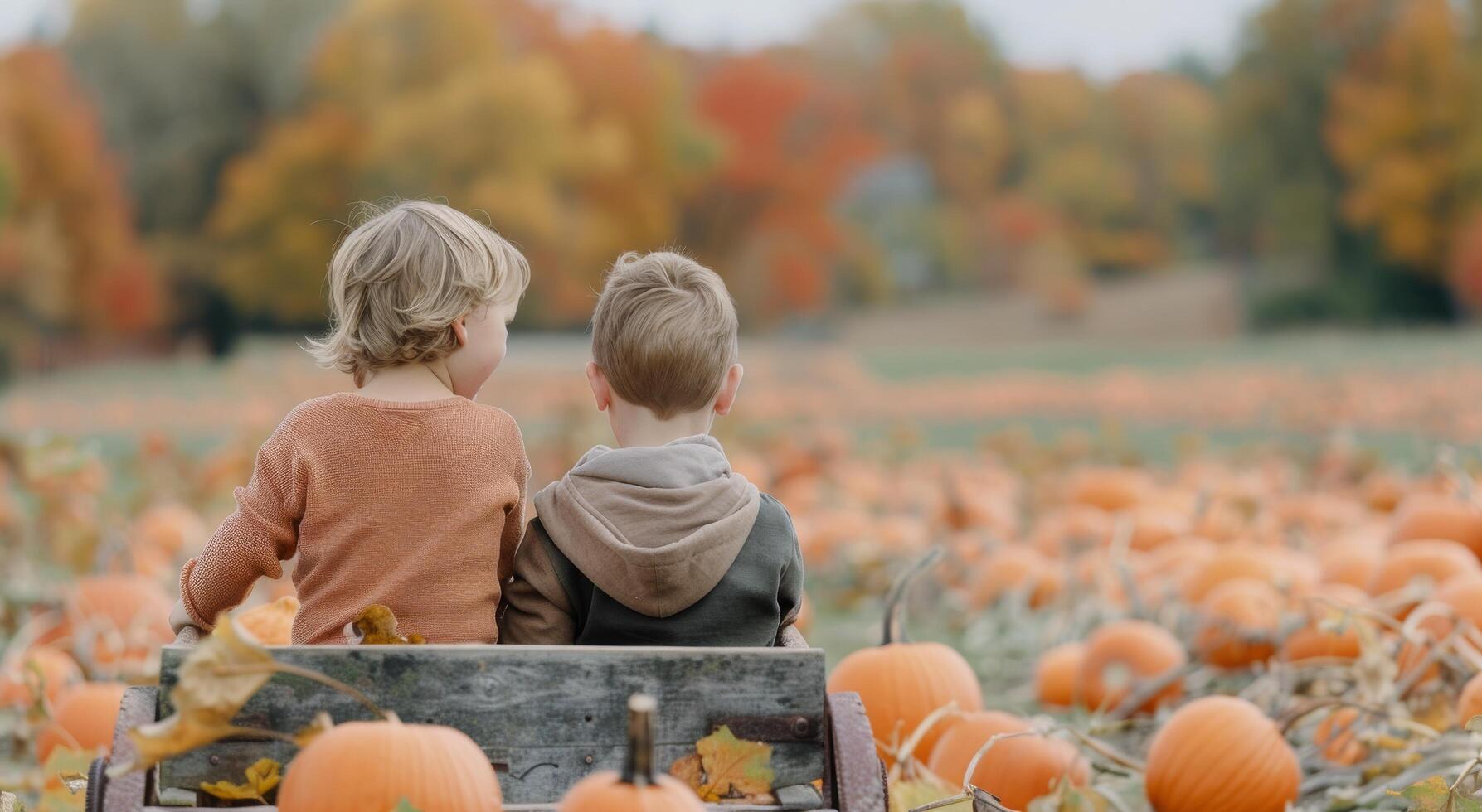 Children Riding Wagon Through Pumpkin Patch photo