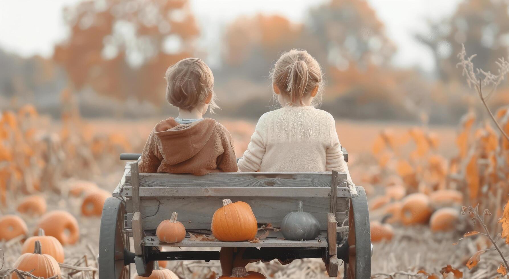 Children Riding Wagon Through Pumpkin Patch photo