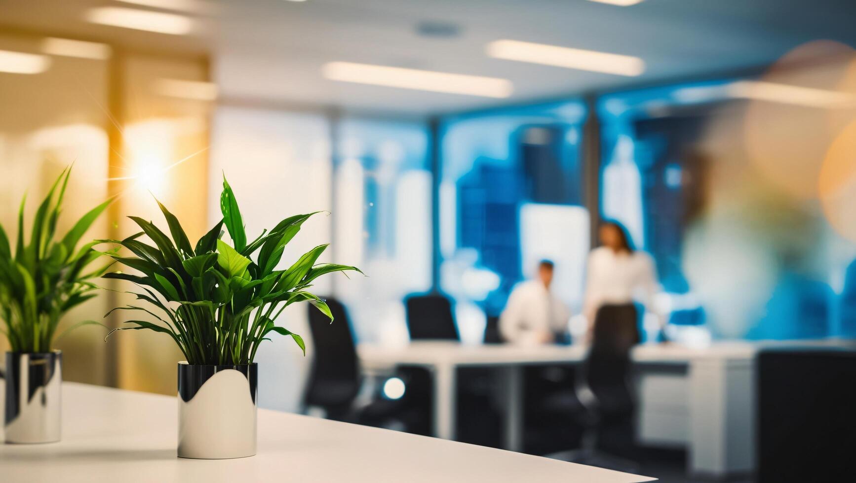 Blurred modern office with sleek furniture and a plant on the table, featuring ambient lighting and a contemporary design. Professional workspace concept photo