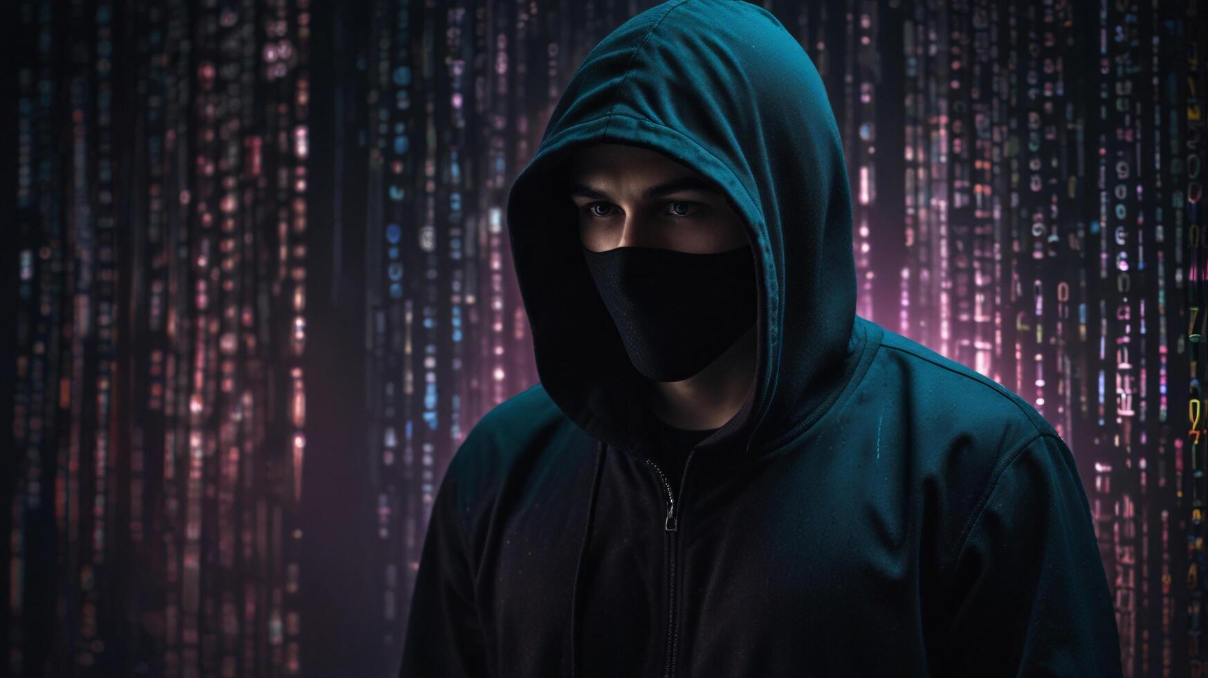 Portrait of a masked hacker in black hoodie with swirling binary code background, captured in high-contrast blue digital photography. Cybersecurity and mystique concept photo
