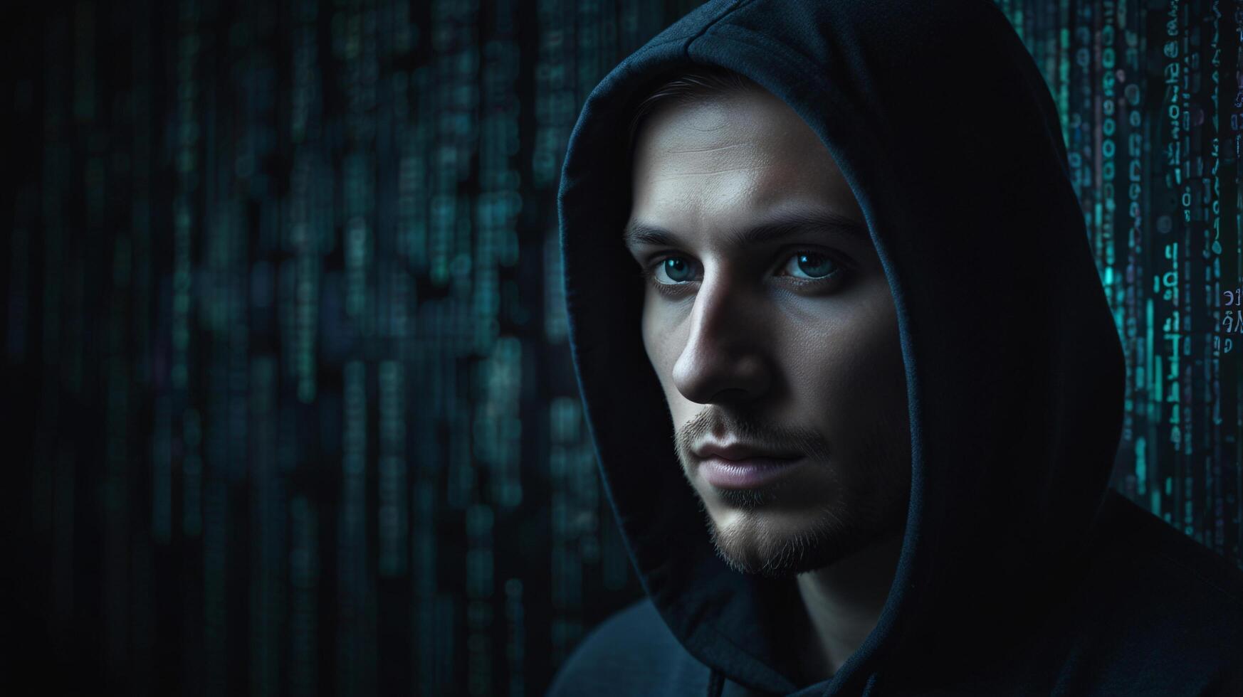 Professional portrait of hacker in black hoodie with swirling binary code background, high-contrast blue digital style. Cybersecurity and mystique concept photo