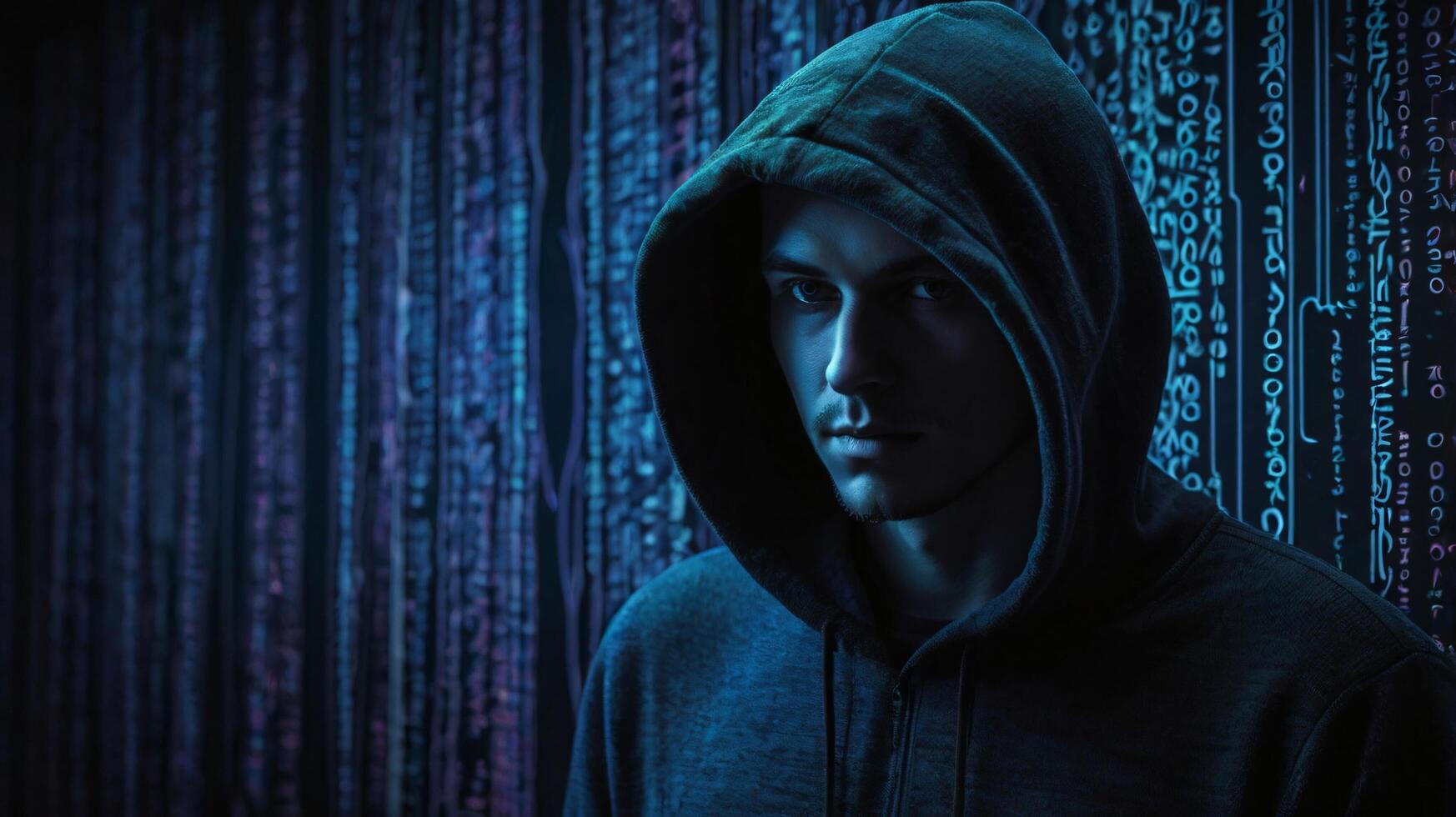 Portrait of a hacker in black hoodie with swirling binary code background, captured in high-contrast blue digital photography. Cybersecurity and mystique concept photo