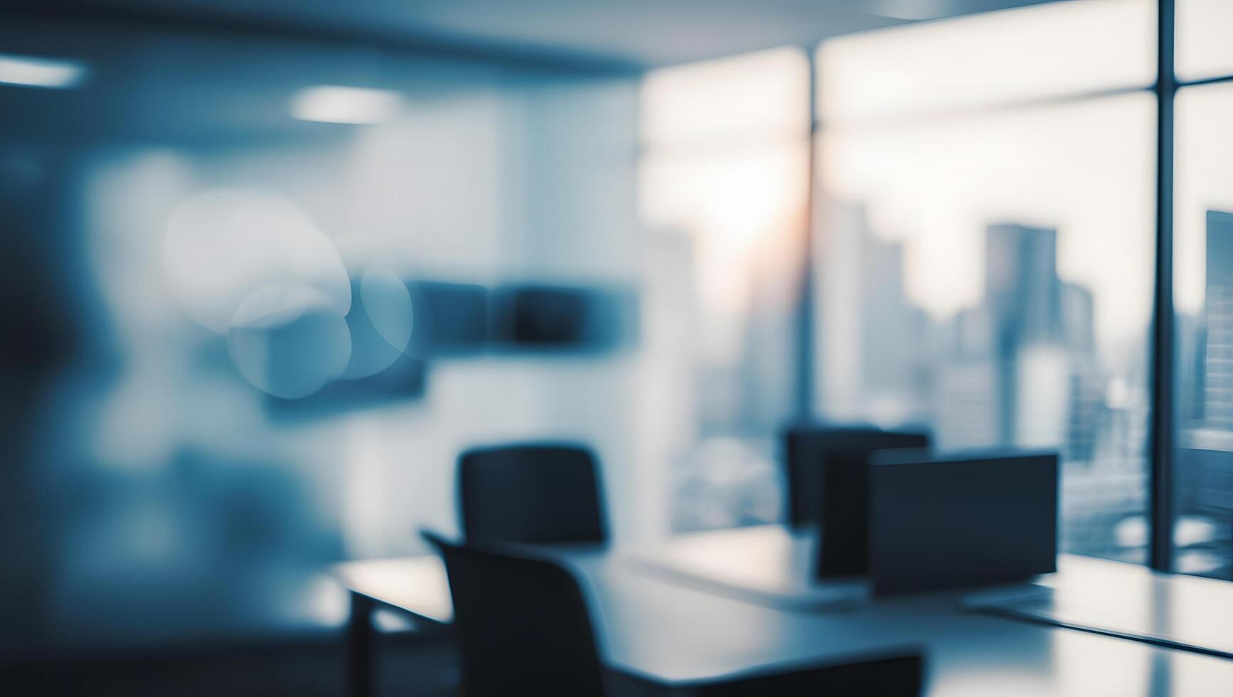 Blurred modern office with sleek furniture and ambient lighting creating a professional and contemporary workspace. Corporate environment concept photo