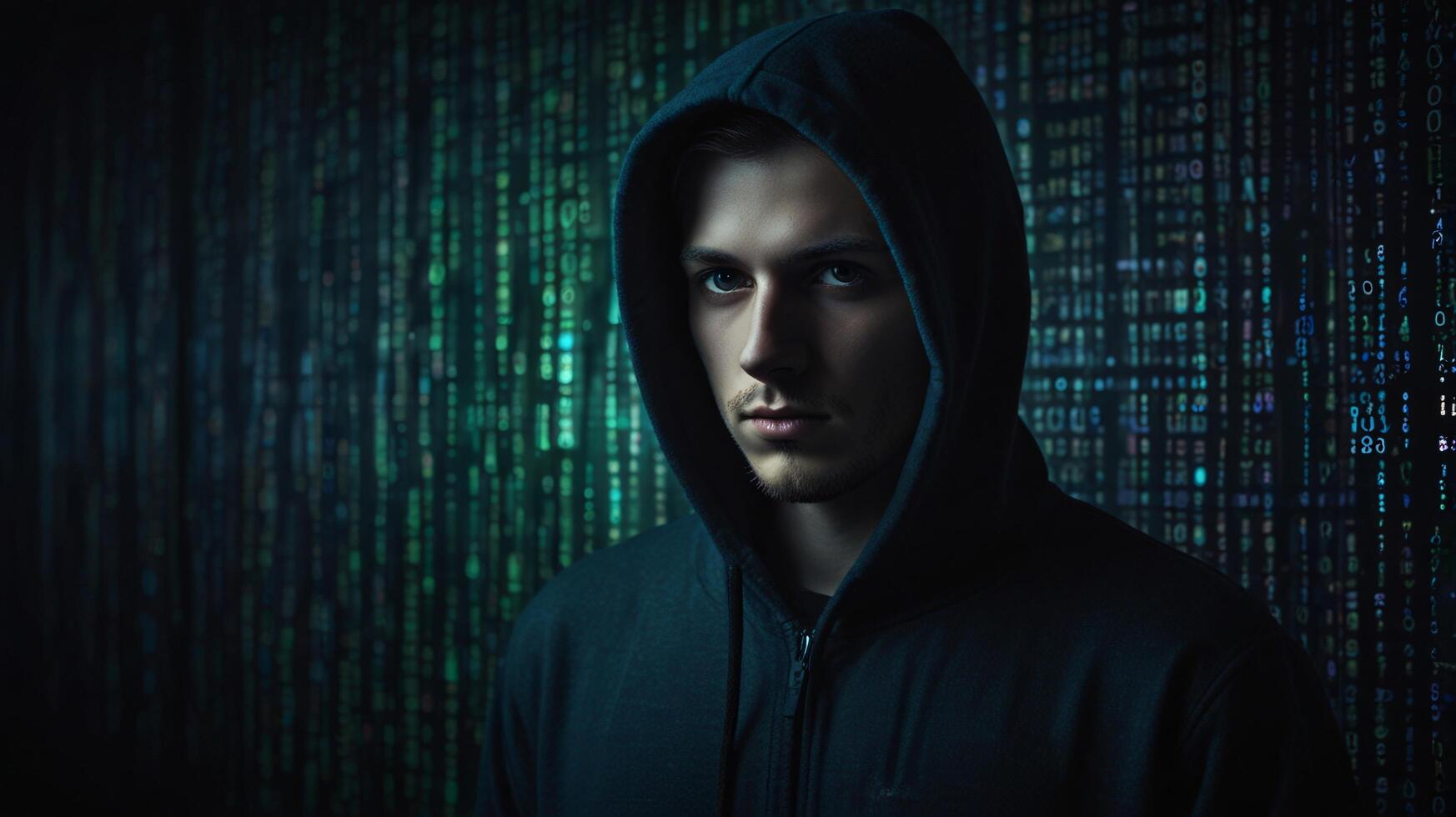 Professional portrait of a hacker in black hoodie with swirling binary code background, captured in high-contrast blue digital photography. Cybersecurity and mystique concept photo