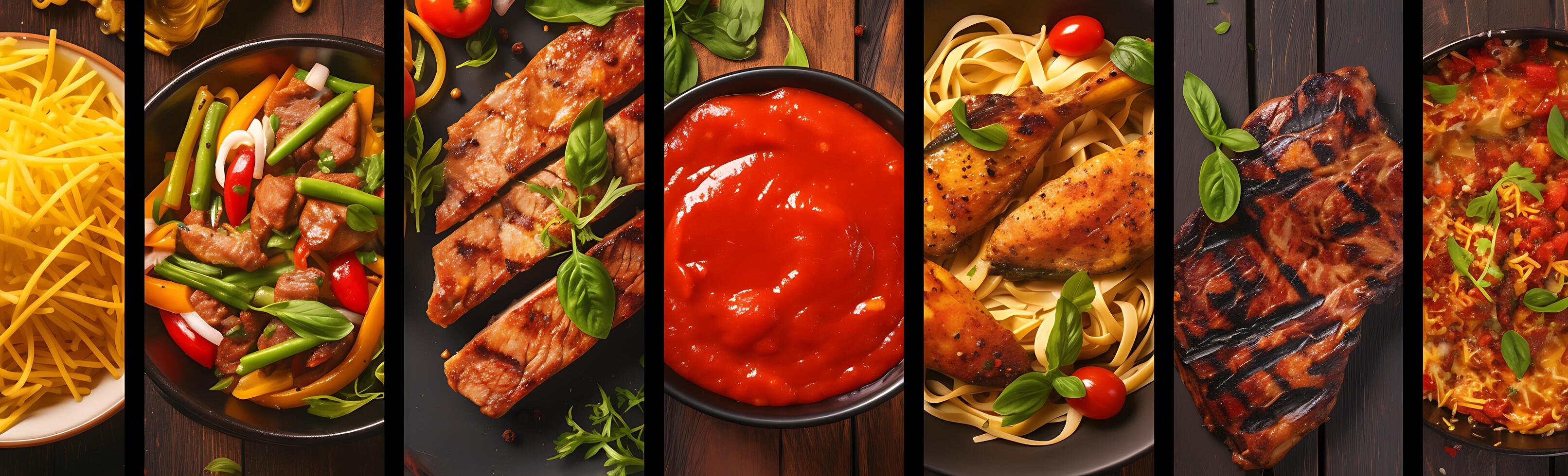 Collage of various delicious food dishes with meat, pasta, vegetables and sauce. photo