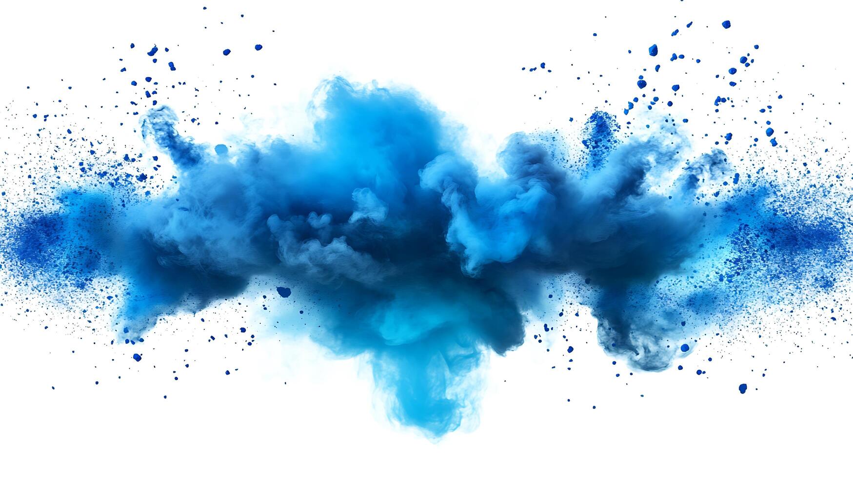 Blue paint explosion with splatters isolated on white. photo