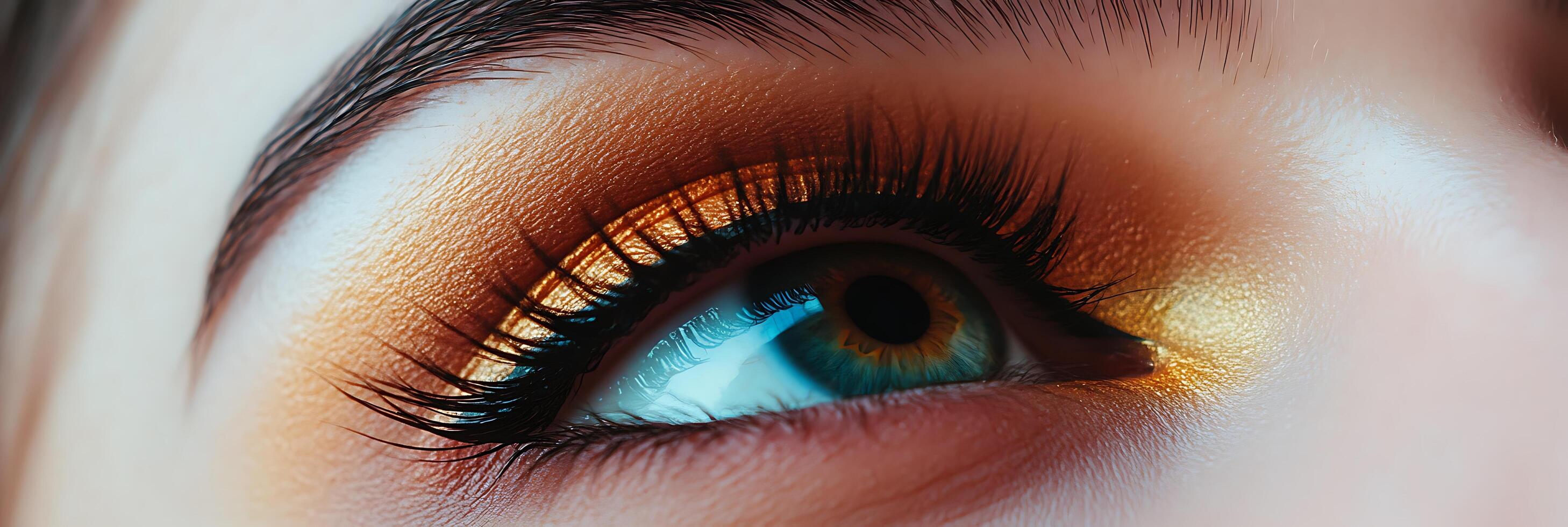 Close-up of a blue eye with gold eyeshadow and long eyelashes. photo