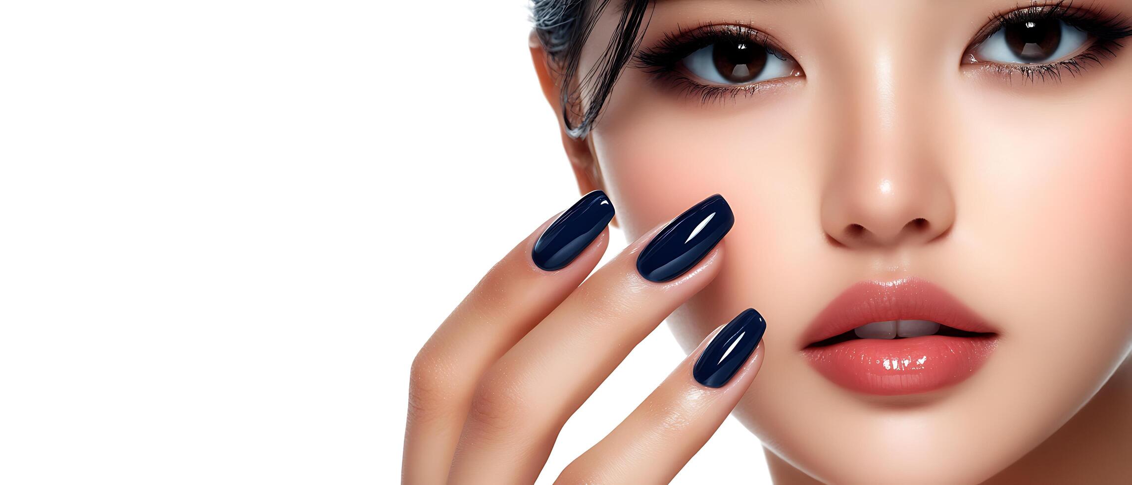 Close-up of a woman's face with dark nail polish. photo