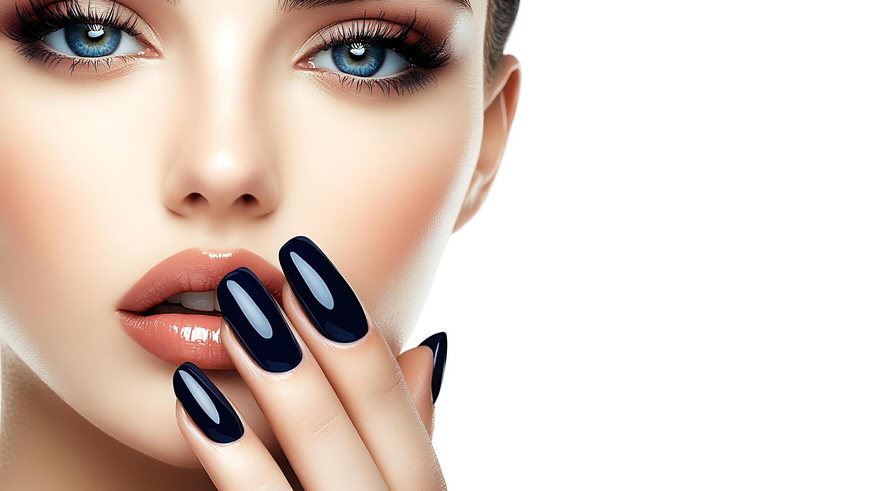 Close-up of a woman's face with blue eyes and dark nail polish. photo