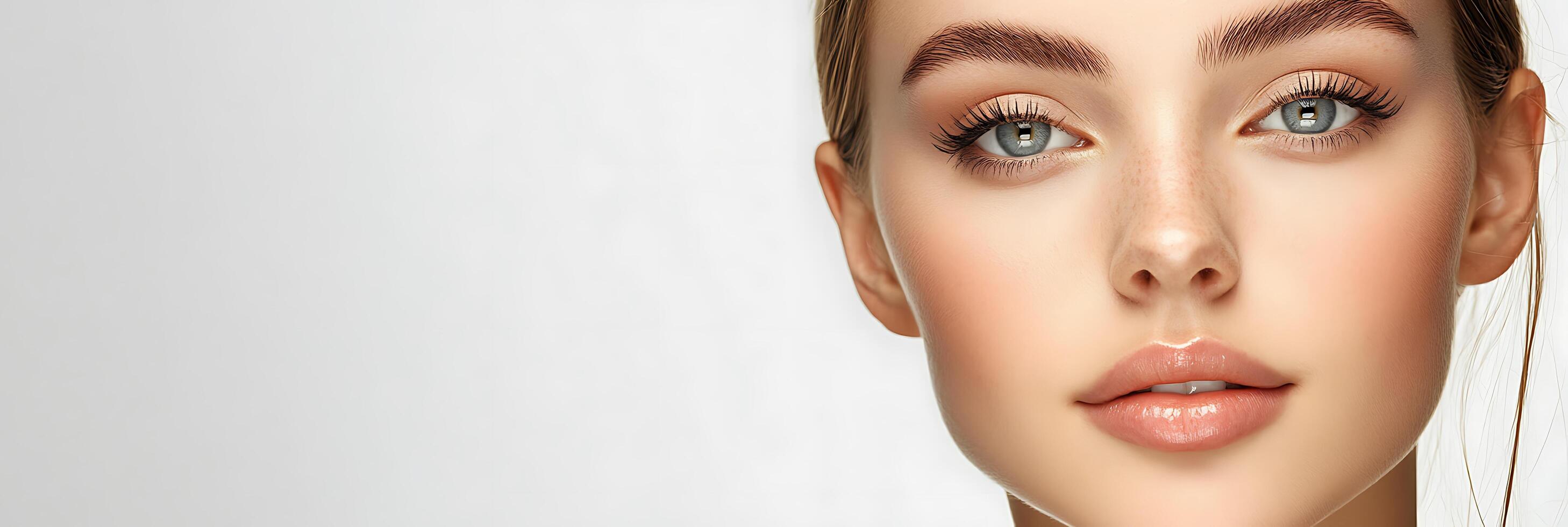 Closeup portrait of a woman with perfect skin and long eyelashes. photo