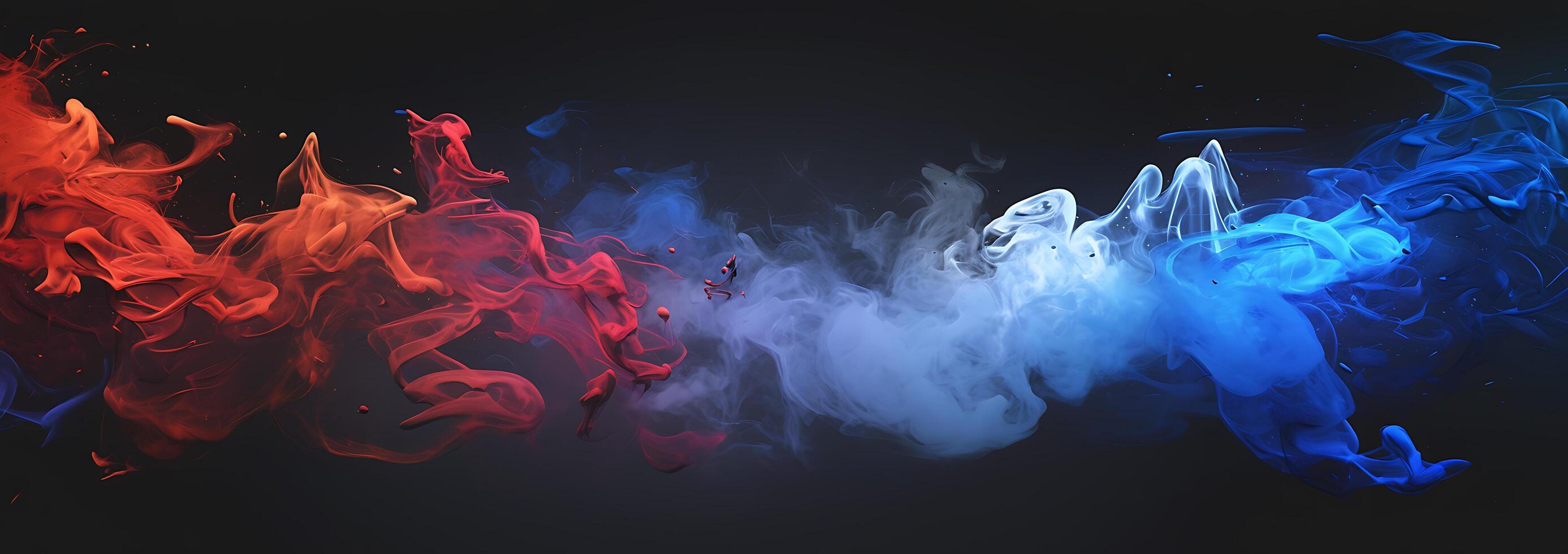Red and blue ink swirling in water against a dark background. photo
