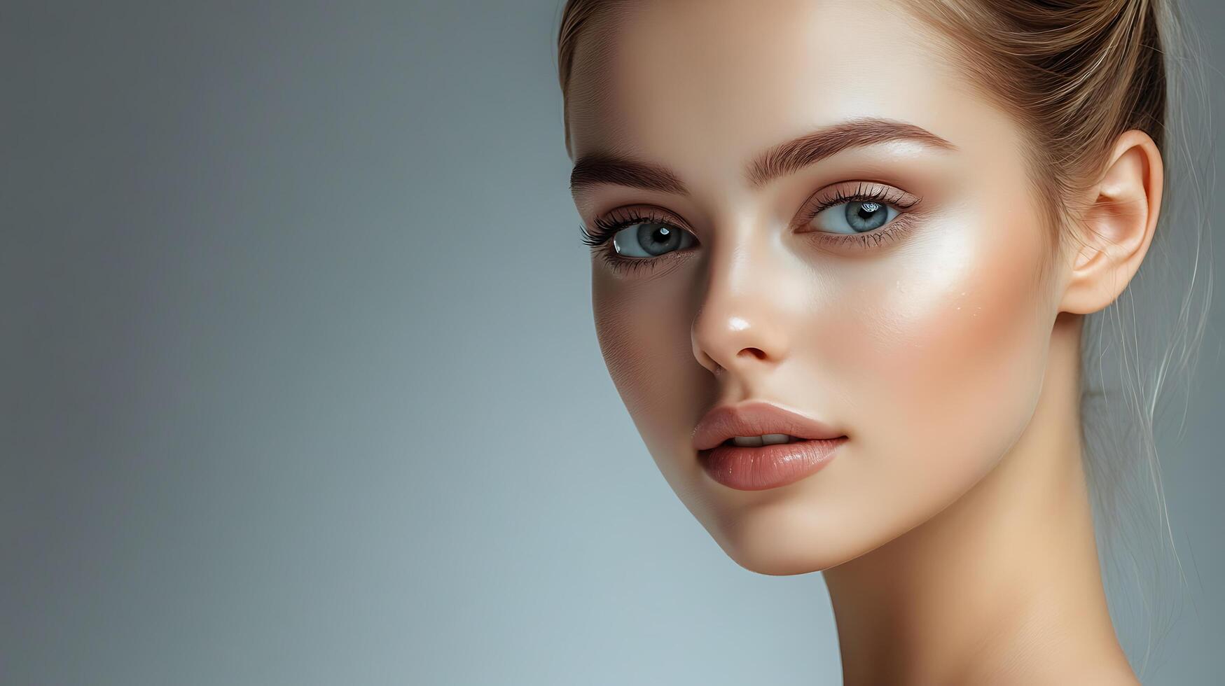Close-up portrait of a woman with blue eyes and flawless skin. photo
