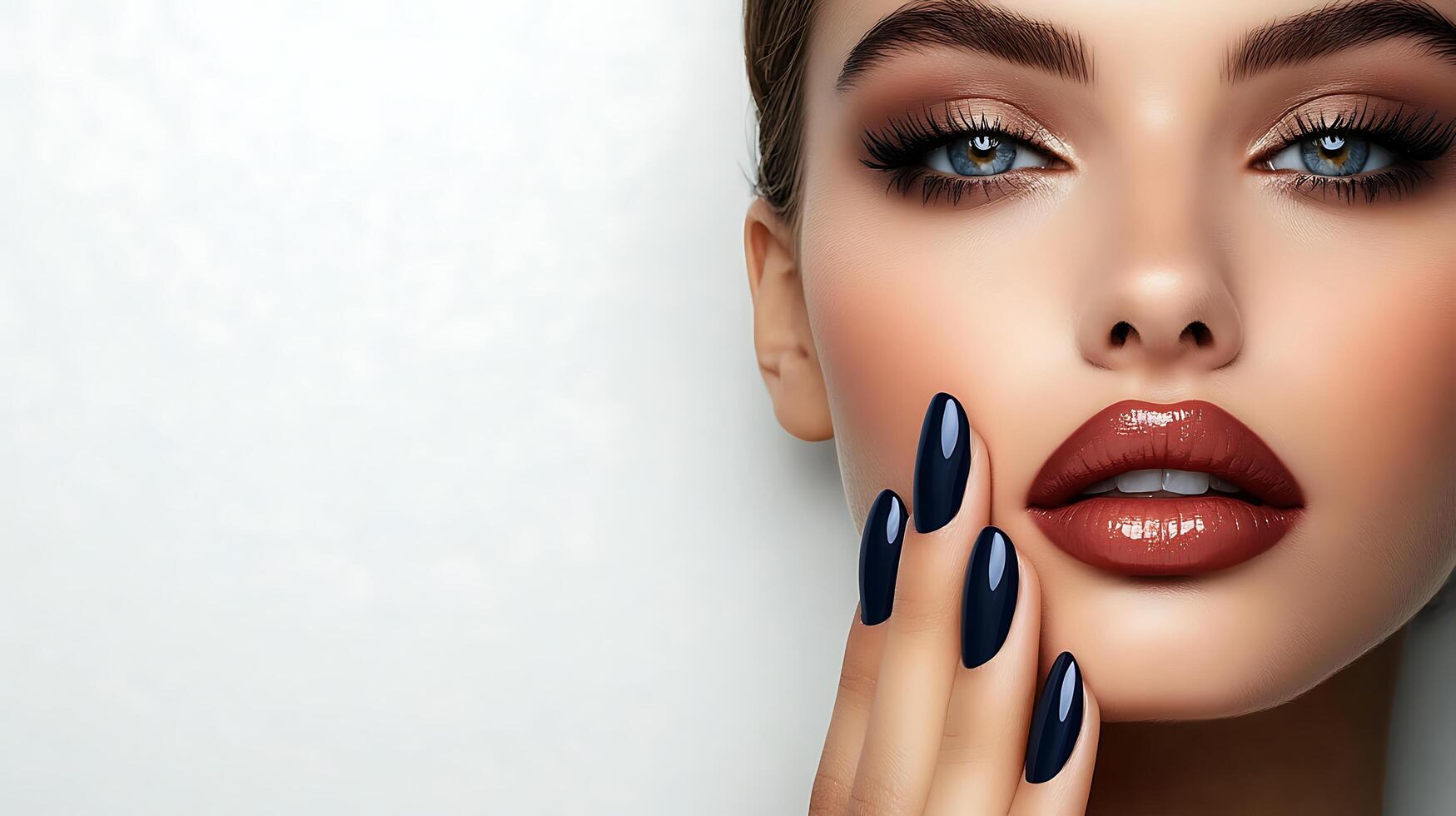 Close-up of a woman's face with dark blue nail polish. photo