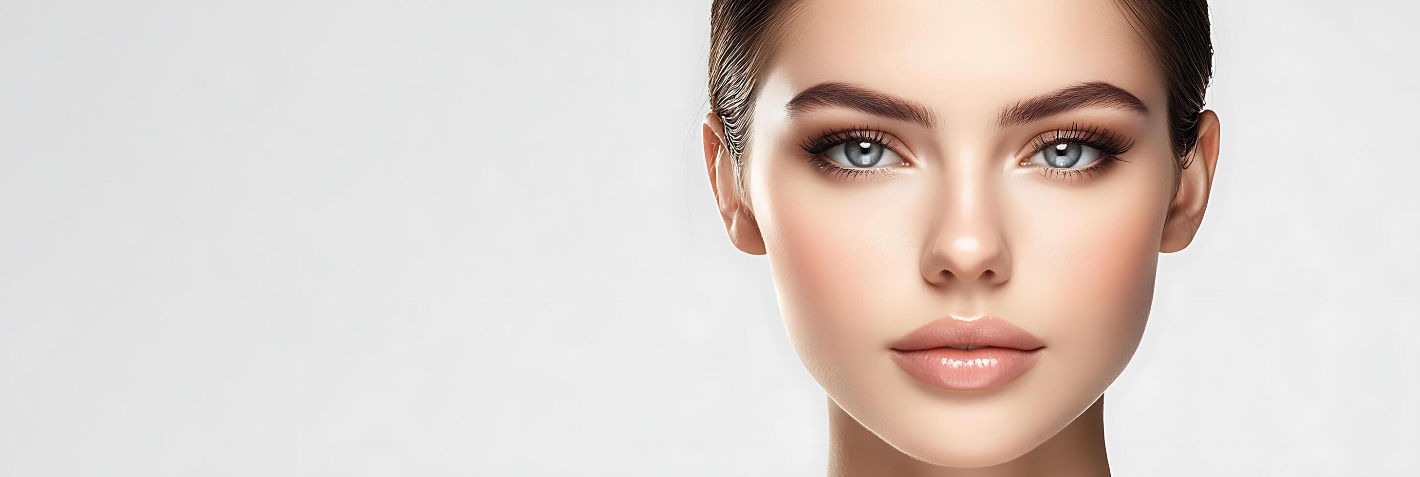 Close-up portrait of a young woman with clear, flawless skin. photo