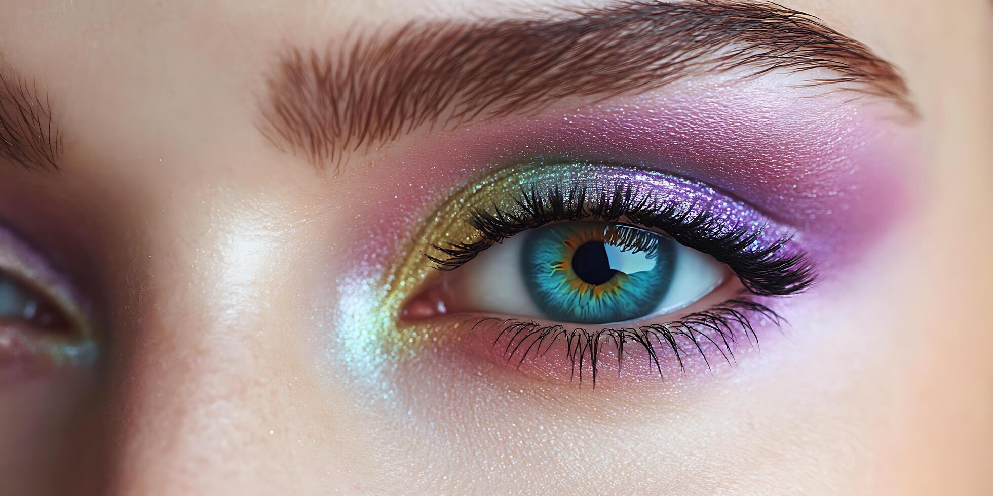 Close-up of a blue eye with colorful eyeshadow. photo