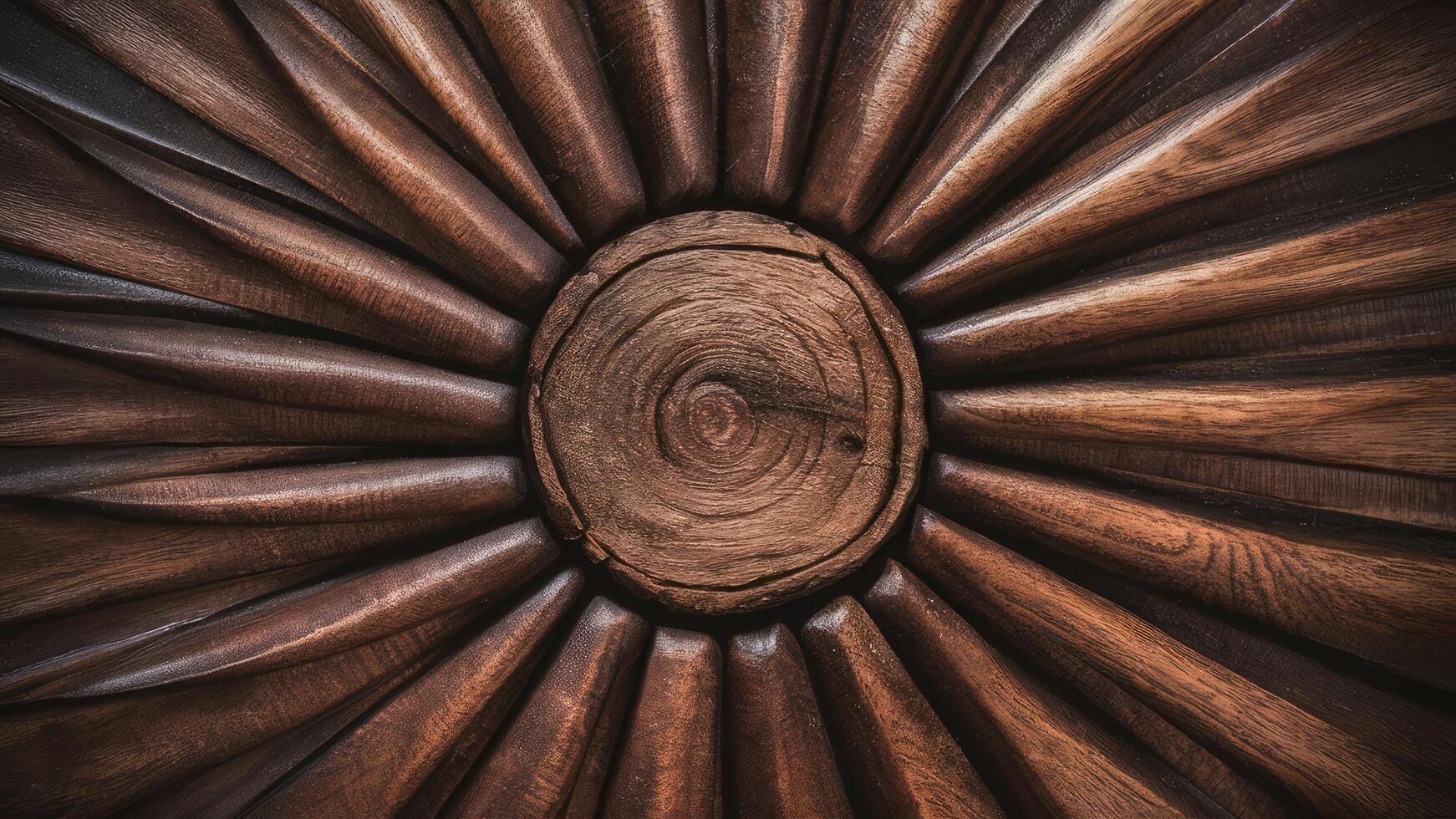 Symmetrical wooden pattern with centered knot and radial grain, showcasing natural texture and detail. photo