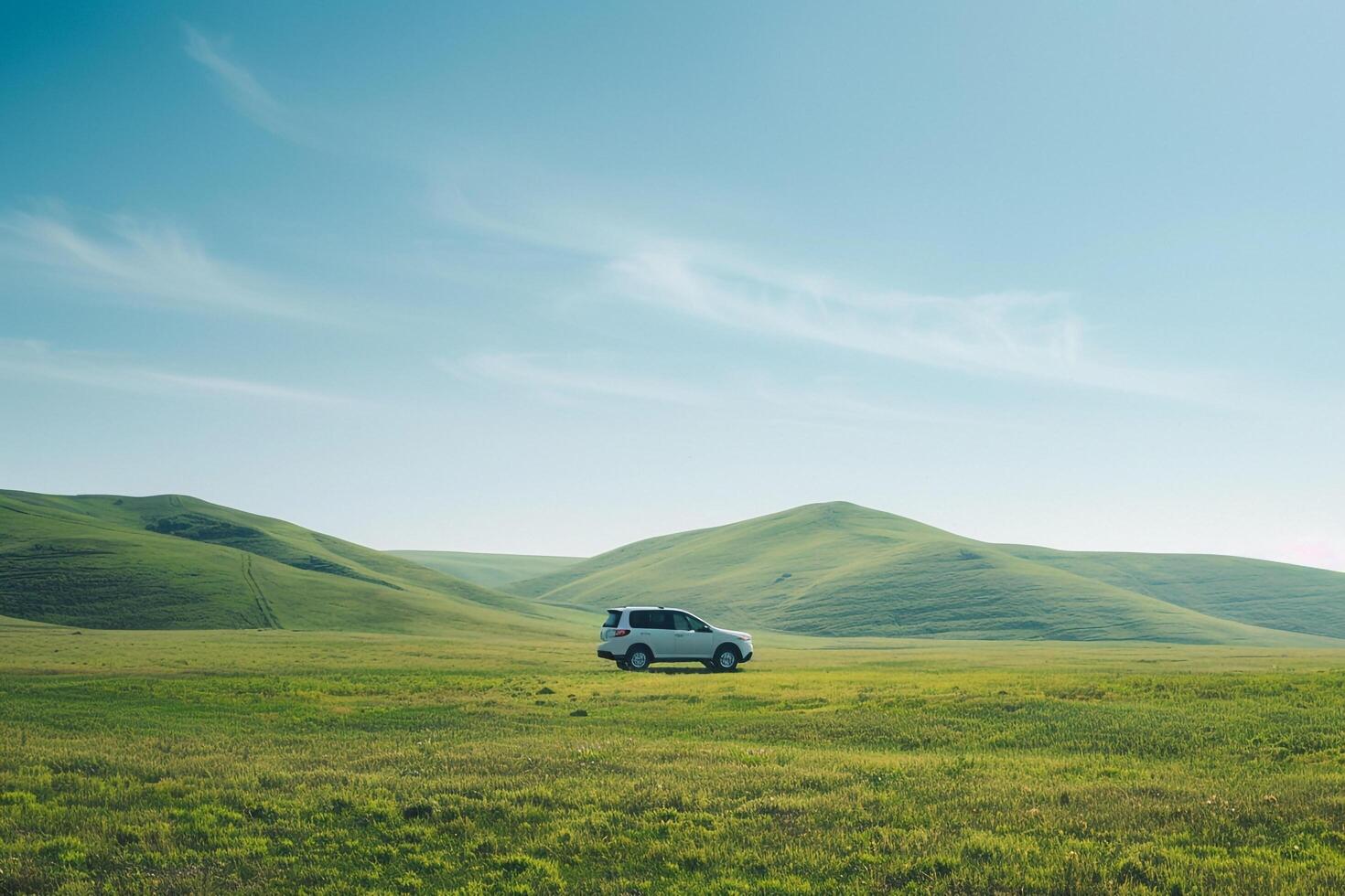 Mid Size Crossover Driving Through Peaceful Countryside with nature background photo