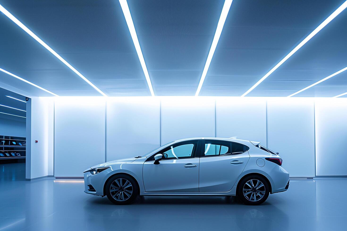 Mid size hatchback photographed in technology showroom with minimalist interior and  overhead lighting nature nature background photo