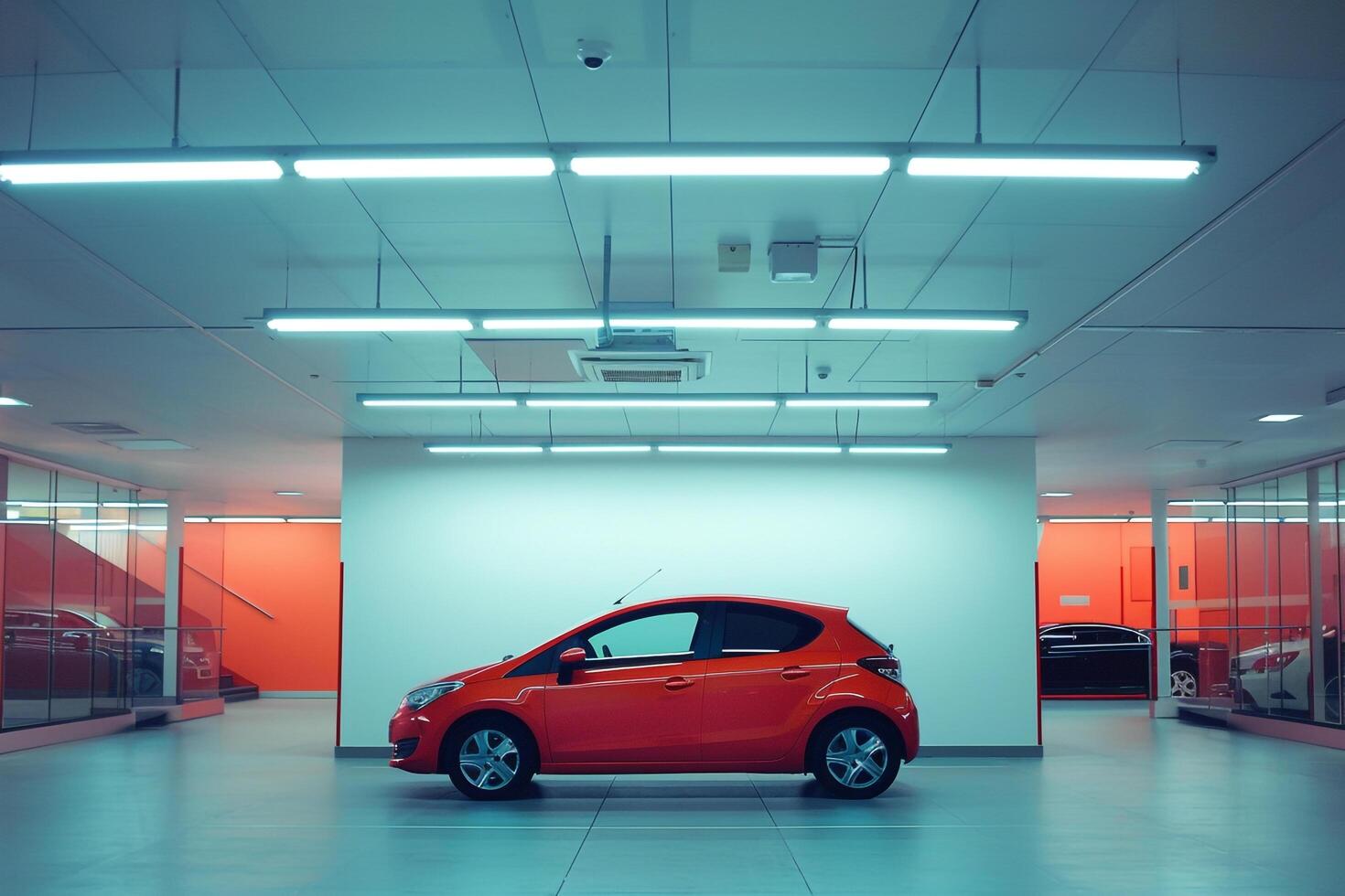 Mid size hatchback photographed in technology showroom with minimalist interior and  overhead lighting nature nature background photo