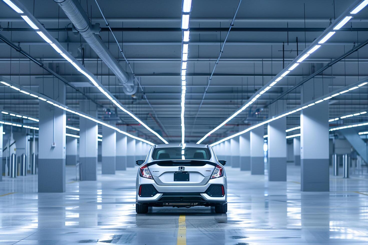 Subcompact sedan in modern parking garage nature background photo