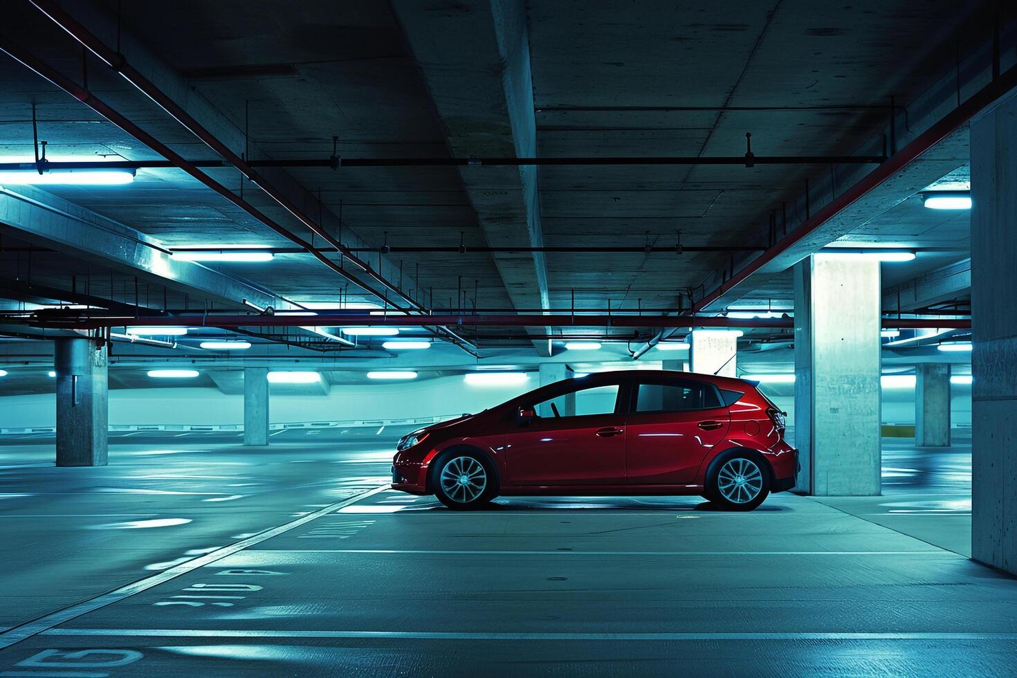 Subcompact sedan in modern parking garage nature background photo