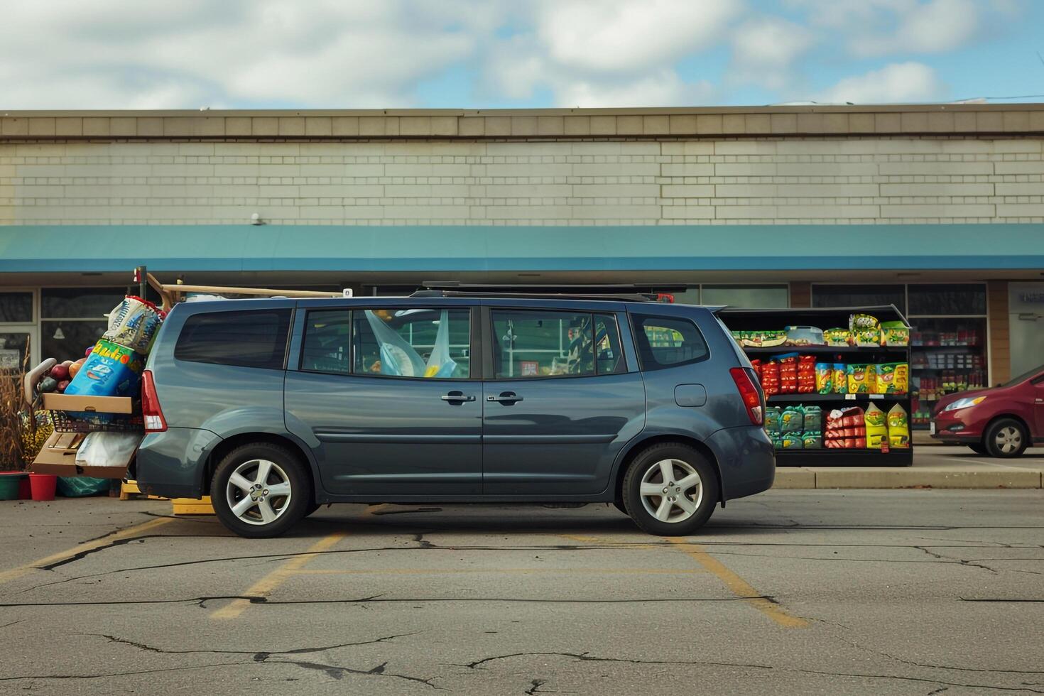 Compact wagon parked at suburban grocery store parking lot loaded with fresh groceries and reusable bags background photo