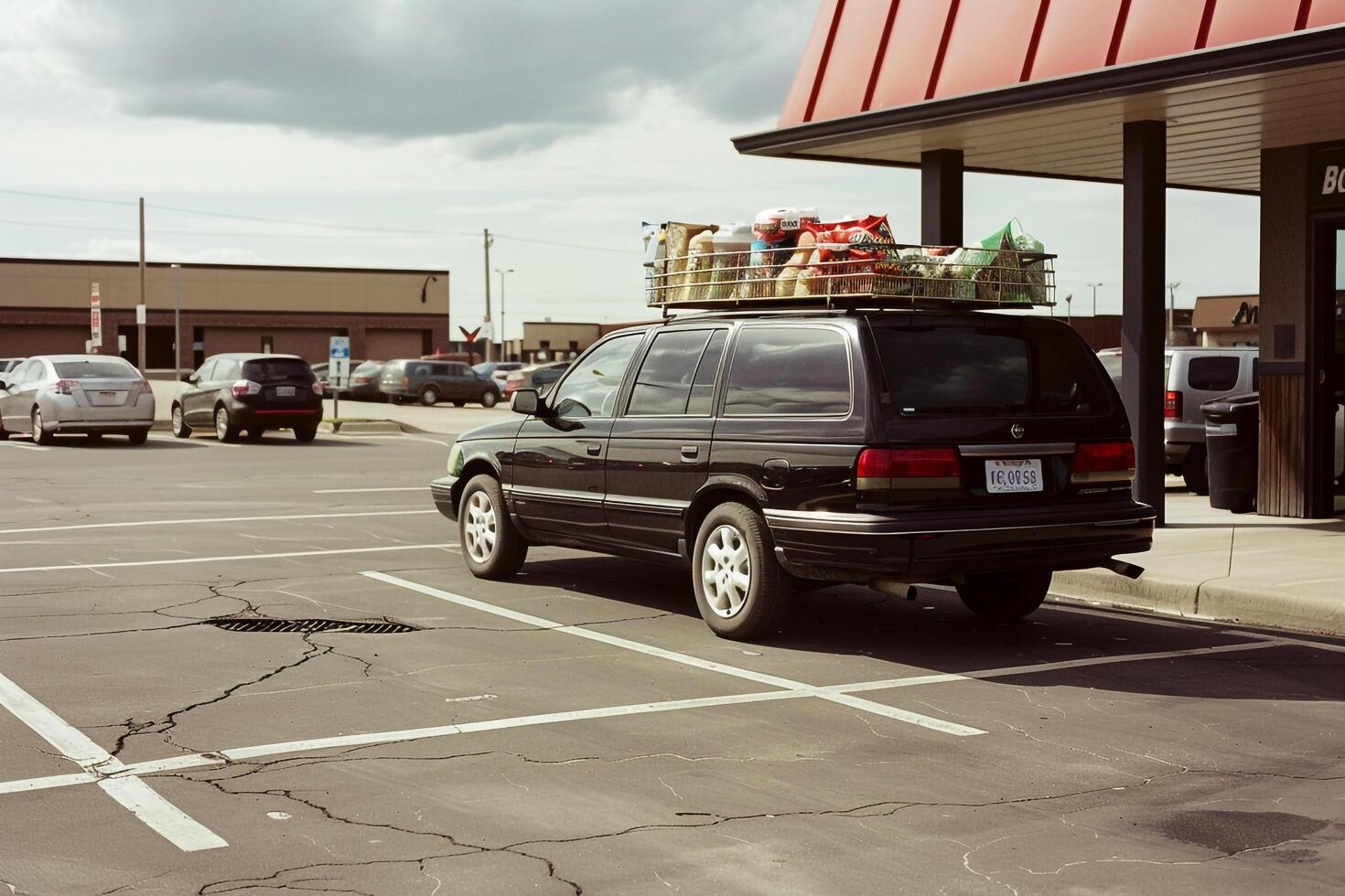 Compact wagon parked at suburban grocery store parking lot loaded with fresh groceries and reusable bags background photo