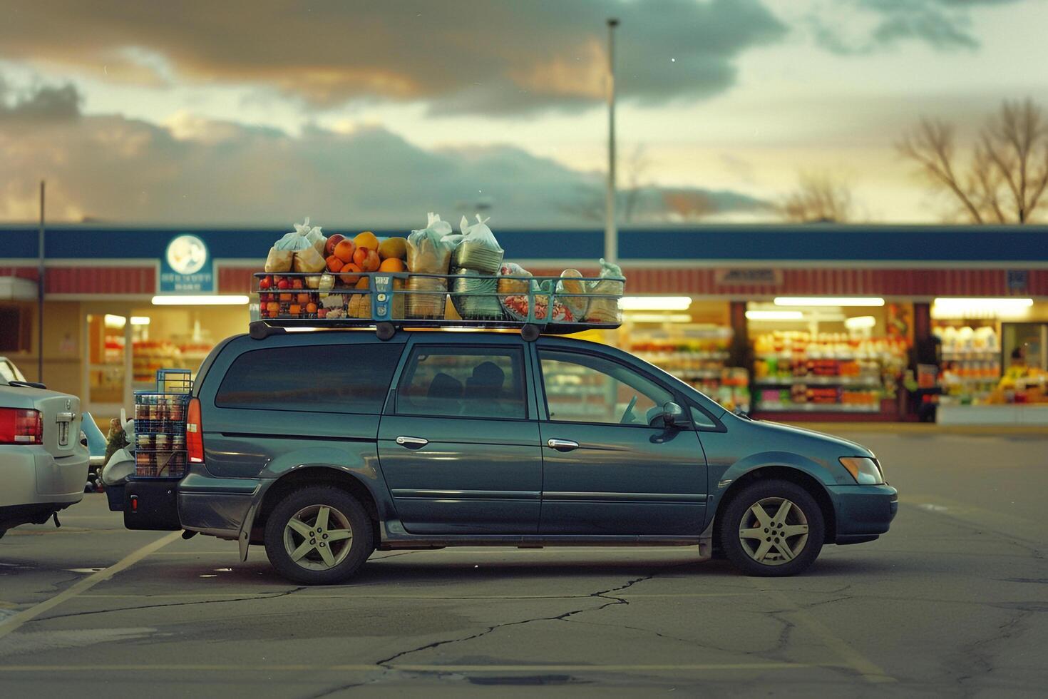 Compact wagon parked at suburban grocery store parking lot loaded with fresh groceries and reusable bags background photo