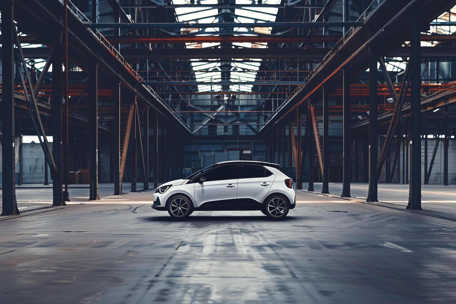Subcompact hatchback in modern industrial setting with steel beams and  diffused lighting background photo