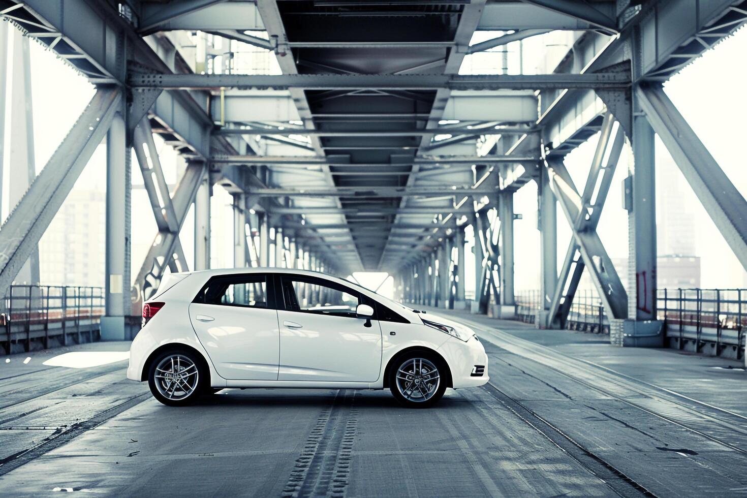 Subcompact hatchback in modern industrial setting with steel beams and  diffused lighting background photo