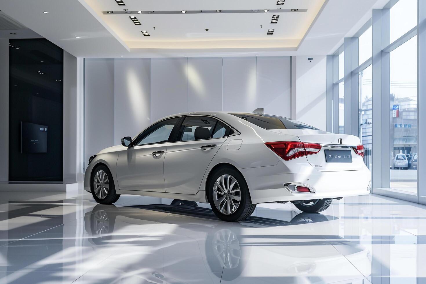 Compact sedan parked in showroom with white  highlighting its luxury features and interior s background photo