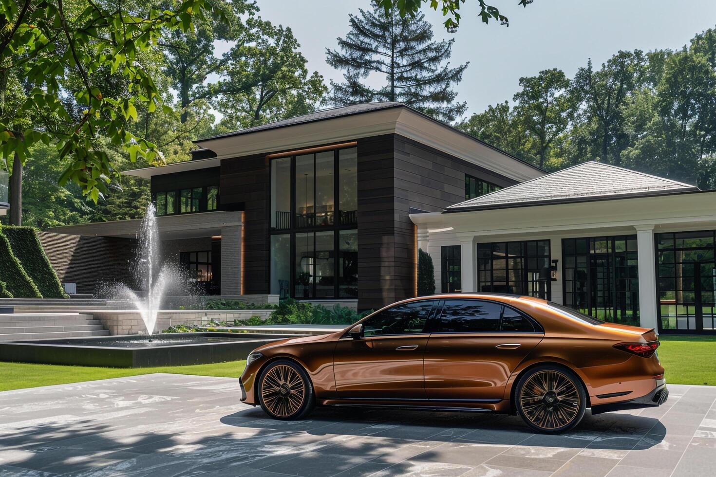 Luxury sedan parked in front of modern mansion with landscaped gardens and fountain in the background photo