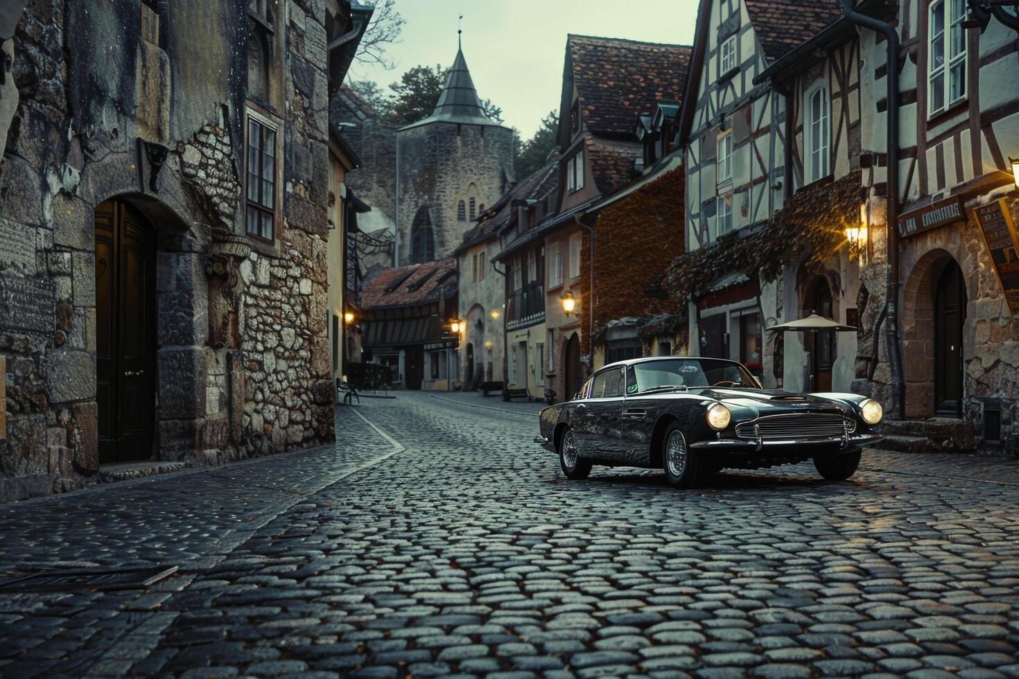 Coupe driving through historic European village square with cobblestone streets and old stone buildings in the background photo