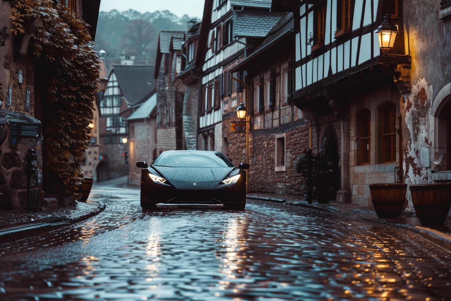 Coupe driving through historic European village square with cobblestone streets and old stone buildings in the background photo