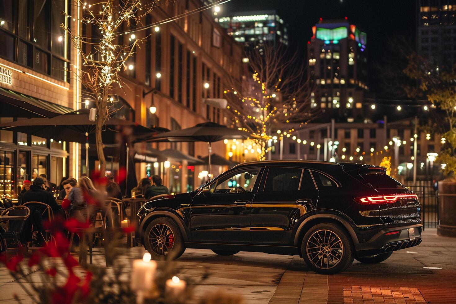 Elegance luxury crossover parked at highend urban restaurant with diners seated at outdoor tables and city lights twinkling in the background photo