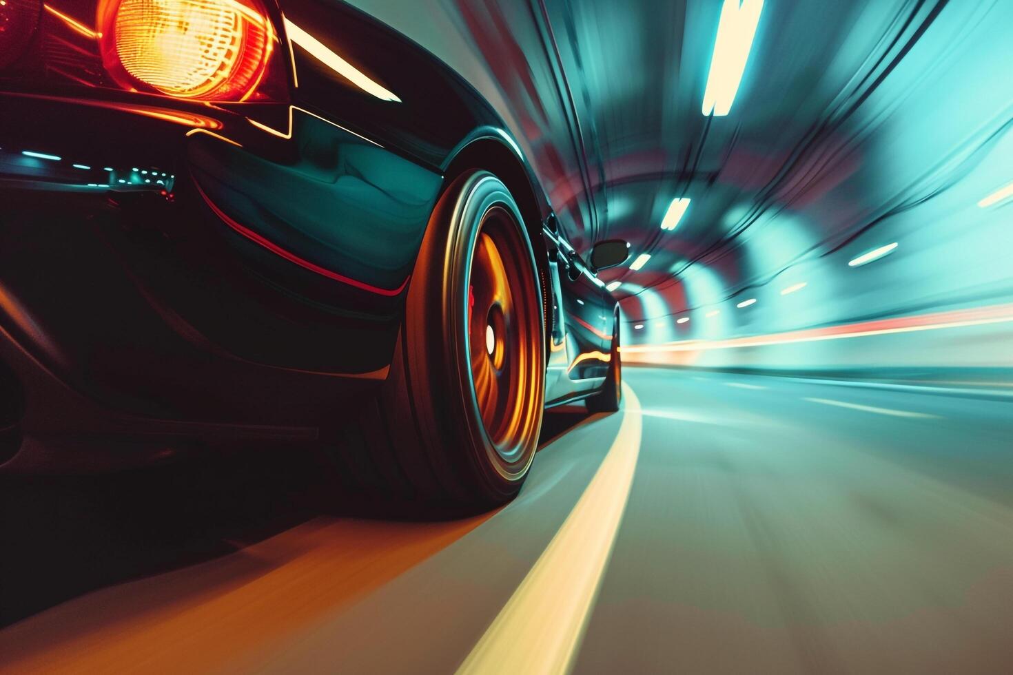 Elegance midsize sports car driving through sleek city tunnel with dynamic lighting and reflections in the background photo