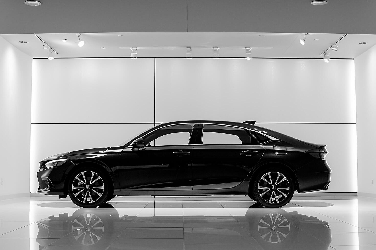 Elegance compact sedan parked in showroom with white  highlighting its luxury features and interior photo