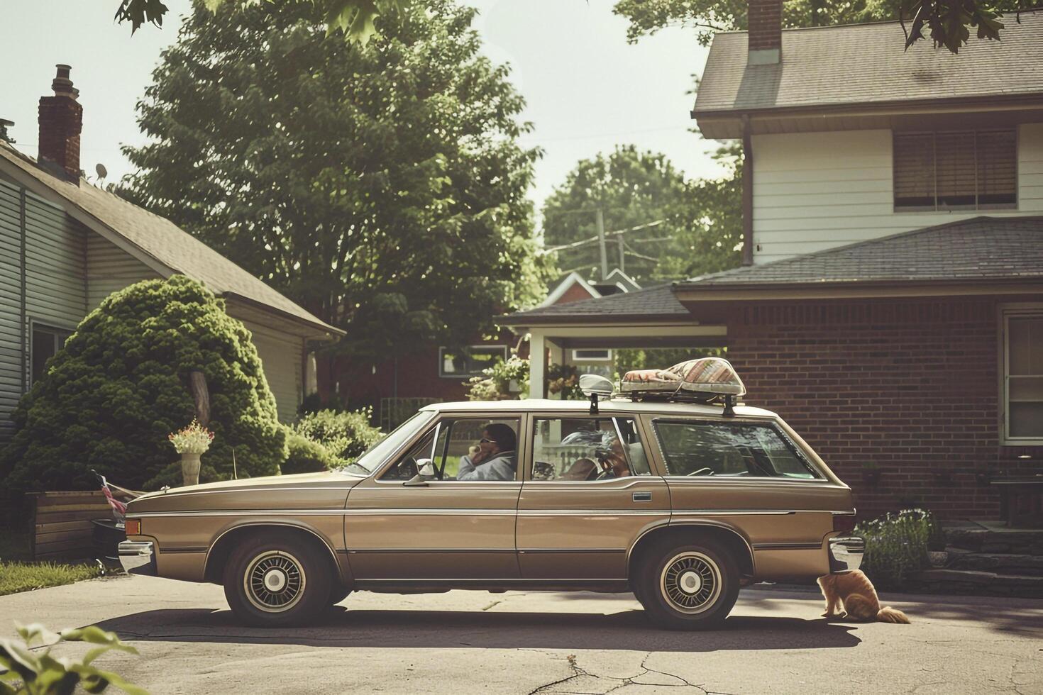 Station wagon parked in suburban driveway with children playing around and dog sitting in the back cargo arebackground photo
