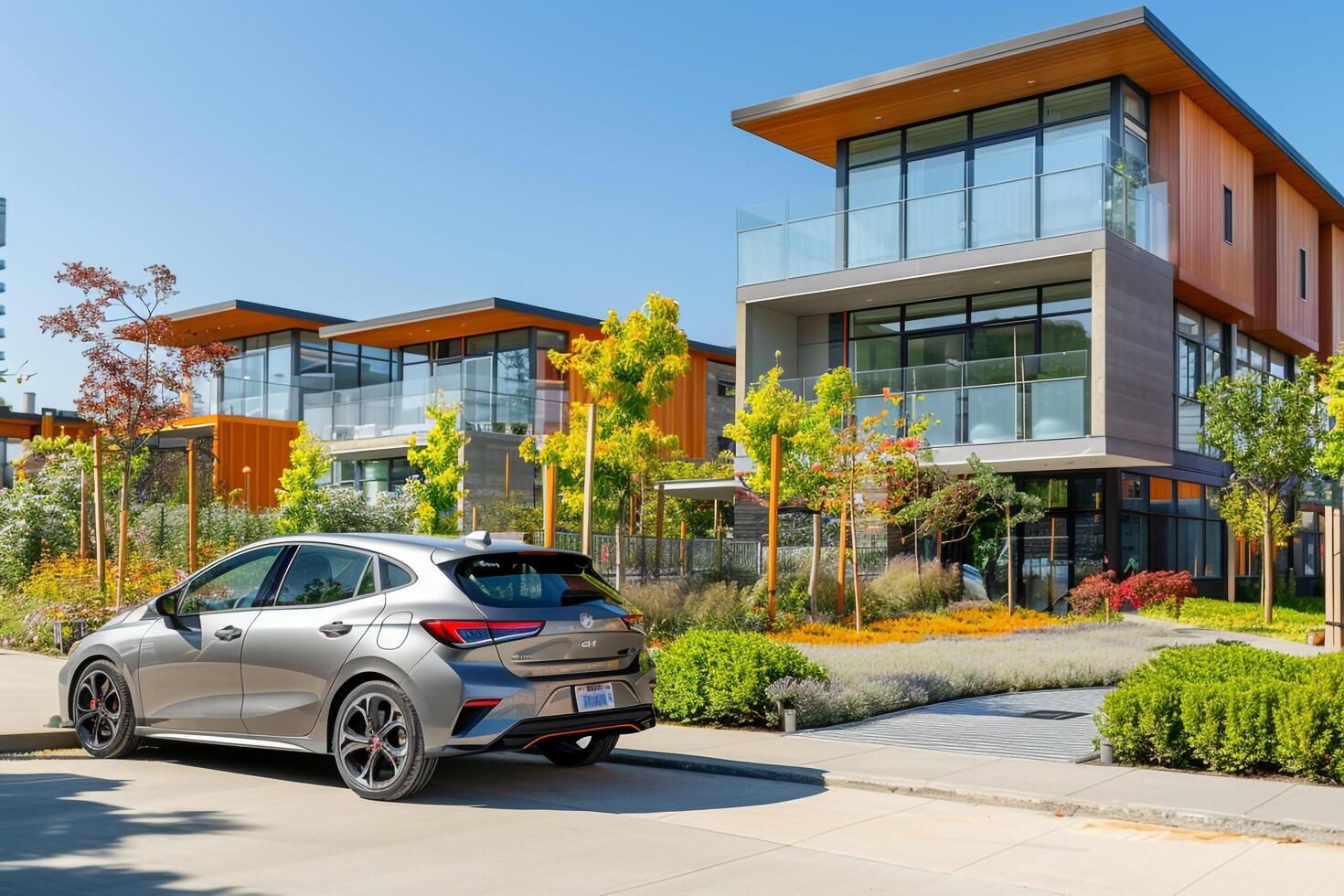 Mid size hatchback parked in front of modern community center with glass facades and landscaped gardens background photo